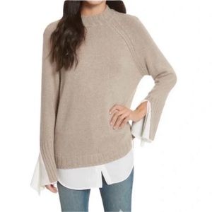 BROCHU WALKER XS REMI NEUTRALS LAYERED TIE SLEEVE CASHMERE WOOL BLEND SWEATER